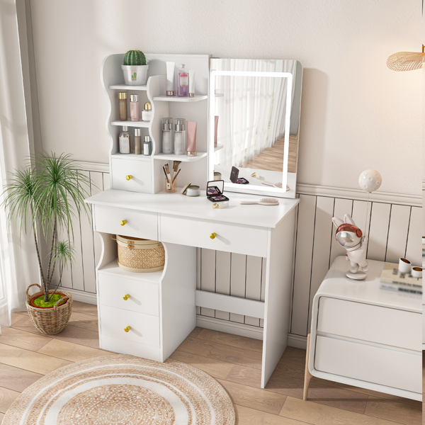 White dressing table, mirror and LED light, 5-drawer dressing table, movable and hidden mirror, 3-color mode touch screen, storage organizer for women's and girls' bedrooms -9