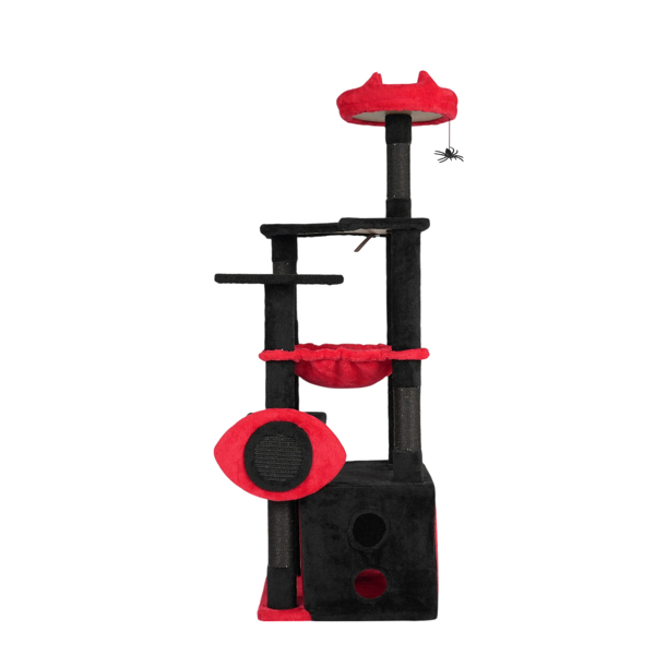 53" Large Cat Tree, Gothic Cat Tower with Padded Perch, Spacious Condo, Comfy Hammock, Scratching Post, Hanging Toy for Indoor Cats, Red & Black-2