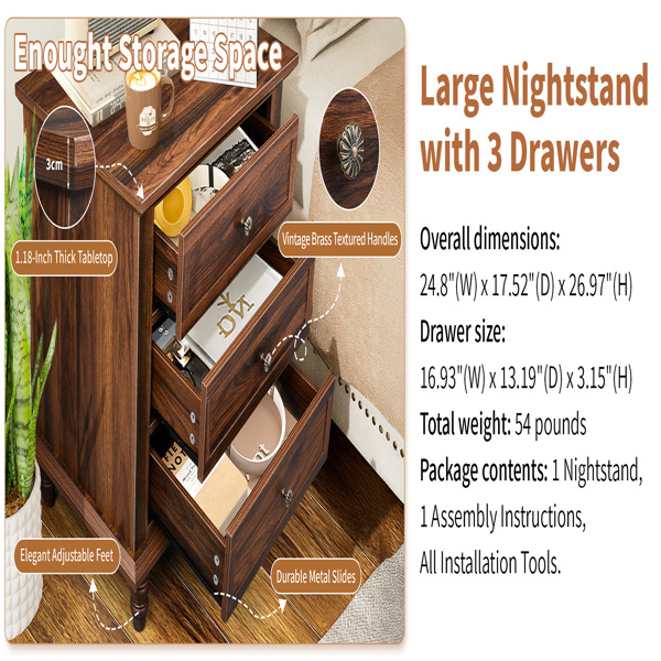 Brown P2 particle board with 3D paper + solid wood legs 63*44.5*68.5CM three drawers bedside table 1pcs-9