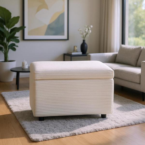 Beige Corduroy Upholstered Storage Ottoman with Black Round Rubber Feet – 63×43×43cm, Hidden Storage with Soft Seating-1