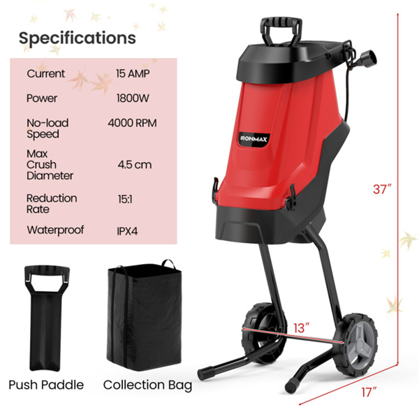 ﻿  15 Amp Electric Wood Chipper - 4000 RPM, 1.77" Max Diameter, 15:1 Reduction Rate with 12-Gallon Collection Bag, Red-3
