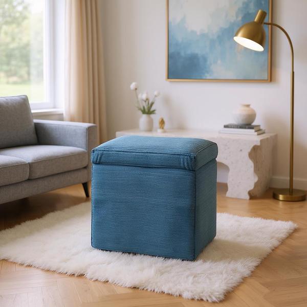 Blue Corduroy Storage Ottoman with Rubber Feet – Compact Soft Cube Seat, 42×42×44cm-2