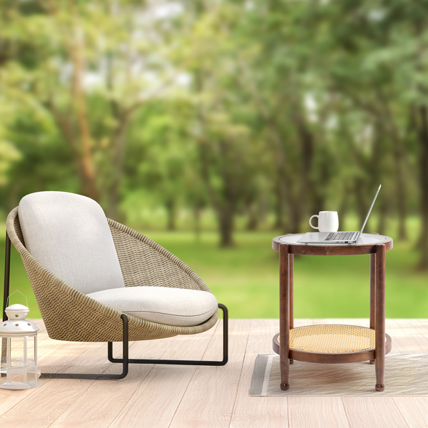 19.7in Rattan Coffee Table with Glass Top, Small Round End Table, Boho Style Side Table Sofa End Table for Living Room Balcony Patio, Walnut-8