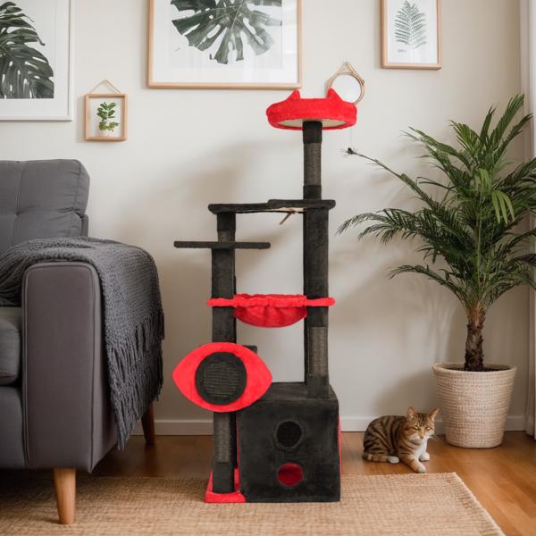 53" Large Cat Tree, Gothic Cat Tower with Padded Perch, Spacious Condo, Comfy Hammock, Scratching Post, Hanging Toy for Indoor Cats, Red & Black-8