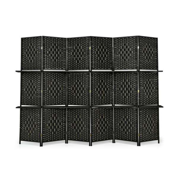 Foldable Room Screen with Storage Shelves - 106.5"x71" Max Size, Hand-Woven Fiber & Poplar Wood Frame, Black-7