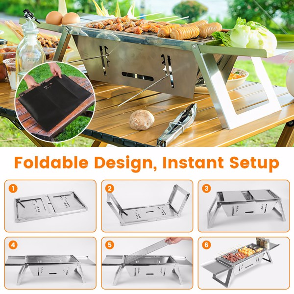 Foldable Charcoal BBQ Grill Stainless Steel Grill Net Easy Setup Portable Tabletop Barbecue Grill for Camping Picnic Outdoor Party Backyard-8