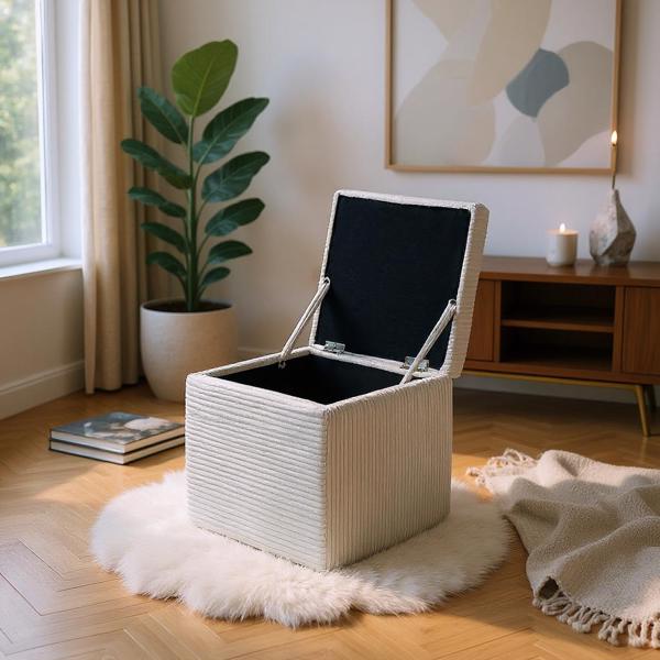 Light Gray Corduroy Storage Ottoman with Rubber Feet – Compact Soft Cube Seat, 42×42×44cm-4