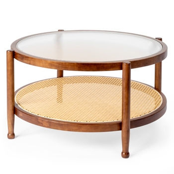 31.5in Rattan Coffee Table with Glass Top, Round End Table, Boho Style Side Table Sofa End Table for Living Room Balcony Patio, Walnut Finish