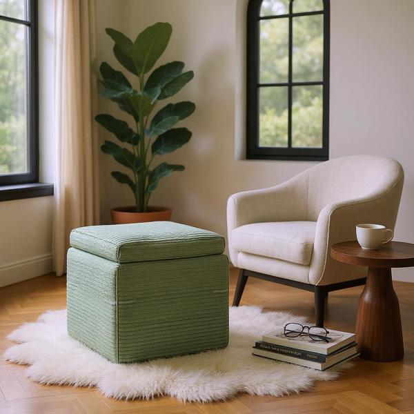 Green Corduroy Storage Ottoman with Rubber Feet – Compact Soft Cube Seat, 42×42×44cm-2