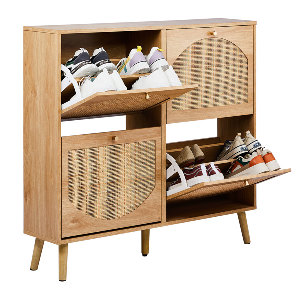 2 rows of 4 dump buckets with high feet arched rattan surface shoe cabinet density board with triamine 105*24*98cm original wood color-3