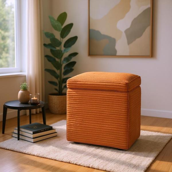 Orange Corduroy Storage Ottoman with Rubber Feet – Compact Soft Cube Seat, 42×42×44cm-1