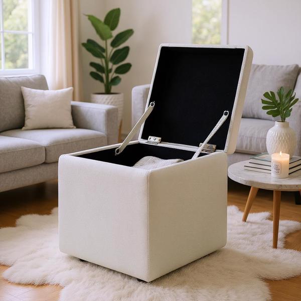 Beige Linen-Textured Storage Ottoman with Black Rubber Feet – Compact Square Seat with Hidden Storage, 42×42×44cm-5