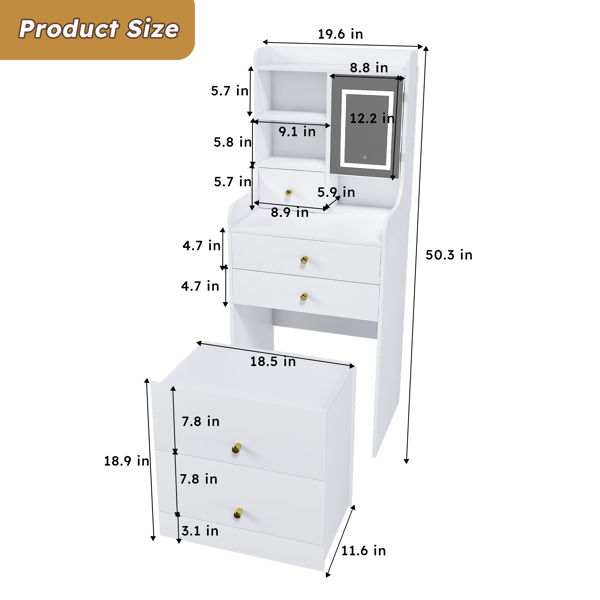 3-in-1 Dressing Table with LED Mirror & Storage Stool - Compact Makeup Vanity with 4 Drawers, Storage Cabinet & Hidden Stool, White Density Board Design, Open Bookshelf for Bedroom Organization-2