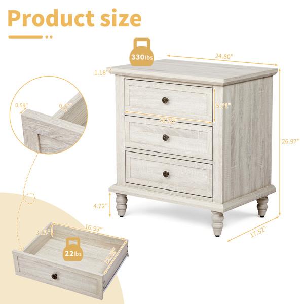 Retro white P2 particle board with 3D paper + solid wood legs 63*44.5*68.5CM three drawers bedside table 1pcs-2