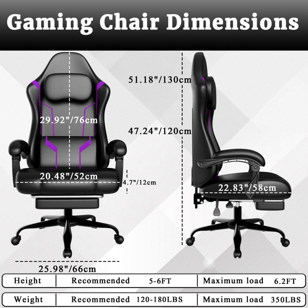 Ergonomic Gaming Chair, Video Game Chair with Pocket Spring Cushion and Footrest, Height Adjustable Computer Chair with Swivel Seat and Headrest (Faux Leather, Purple)-2