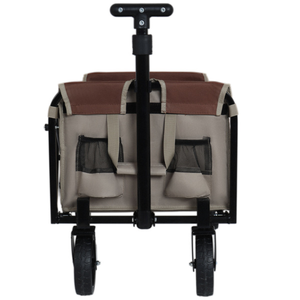 All-in-One Convertible Folding Camping Wagon Cart: Bench Seat, Storage Compartment & Included Dog Tether, Beige/Brown -25