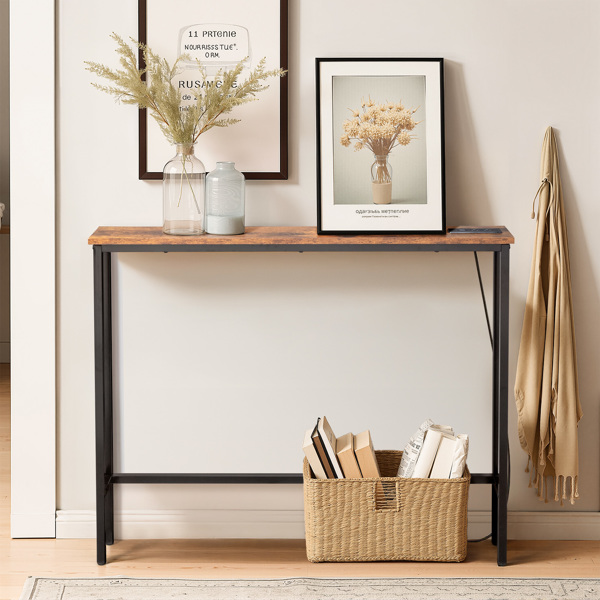 39.4" Narrow Console Sofa Table with Power Outlets and USB Ports, Skinny Couch Table with Metal Frame and Charge Station with 4.9ft Extension Cord, Rustic Brown-5