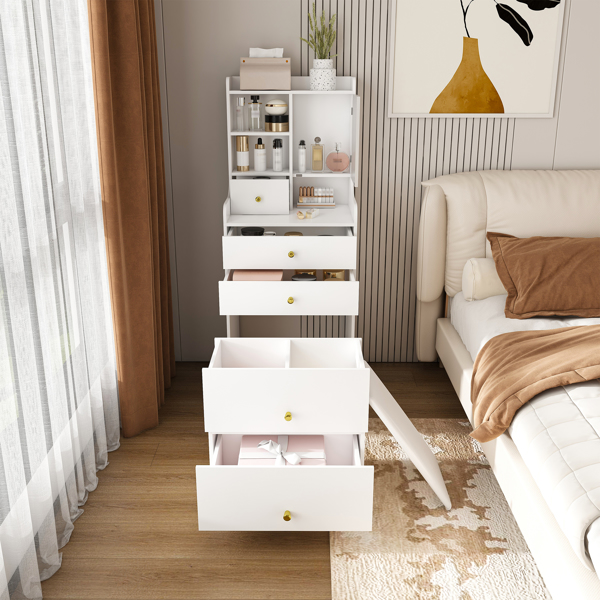 3-in-1 Dressing Table with LED Mirror & Storage Stool - Compact Makeup Vanity with 4 Drawers, Storage Cabinet & Hidden Stool, White Density Board Design, Open Bookshelf for Bedroom Organization-7
