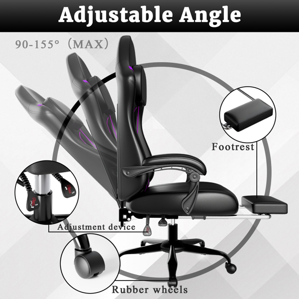 Ergonomic Gaming Chair, Video Game Chair with Pocket Spring Cushion and Footrest, Height Adjustable Computer Chair with Swivel Seat and Headrest (Faux Leather, Purple)-4
