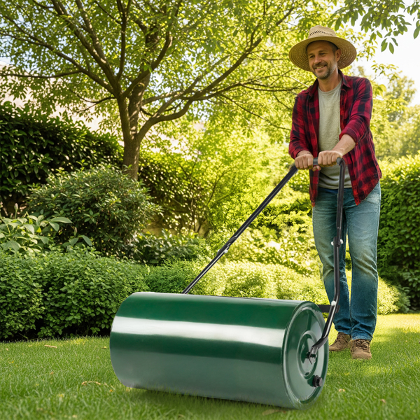 24in Heavy Duty Steel Lawn Roller, Garden Roller Can Be Filled with Water or Sand, Hand Roller with U-shaped Handle, Green & Black-8