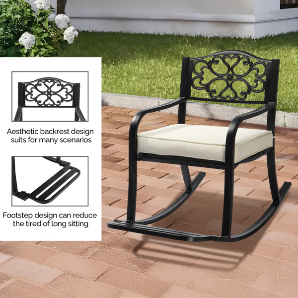 Metal Rocking Chair, Outdoor Rocking Bench with Cushion, Patio Rocker with Footrest, Weatherproof Rocking Chair for Outside, Patio, Garden, Flower Backrest-4