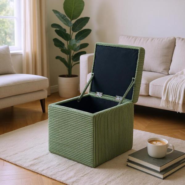 Green Corduroy Storage Ottoman with Rubber Feet – Compact Soft Cube Seat, 42×42×44cm-5