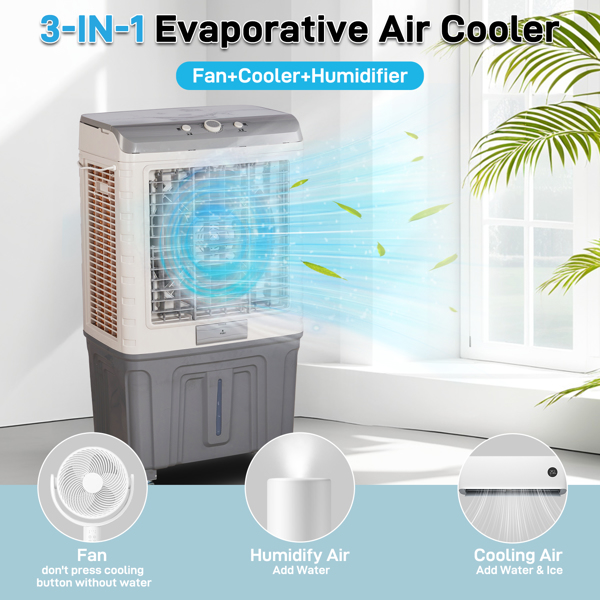 3 in 1 Portable Evaporative Cooler,707L,Indoor,Outdoor,3065 CFM Personal Air Cooler,15.85 Gal Large Water Tank & Scroll Casters, 4 Ice Packs,White and Gray-4