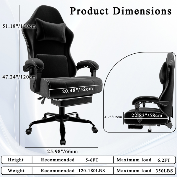 Ergonomic Gaming Chair, Video Game Chair with Massage Lumbar Support and Footrest, Height Adjustable Fabric Computer Chair with Pocket Spring Cushion, Black-2