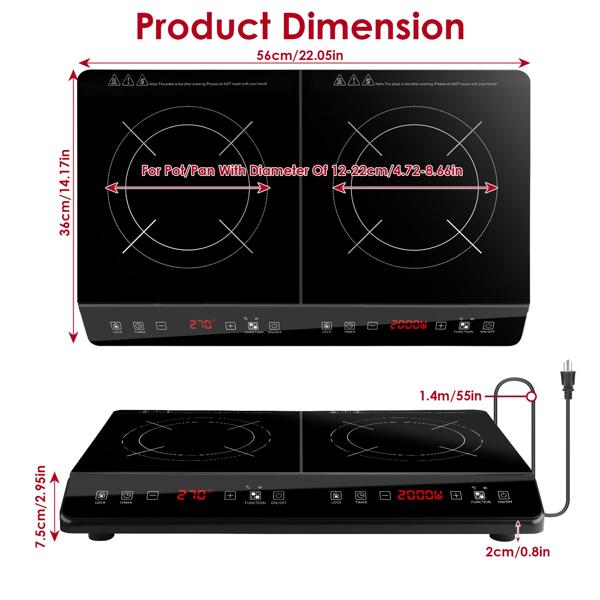 Double Induction Cooktop,  Portable Dual Countertop Burner with Sensor Touch, 4000W  Induction Cooktop 2 Burner, Electric Countertop Cooker with 9 Temp & Power Levels, 3-Hour Timer,Safety Lock-12