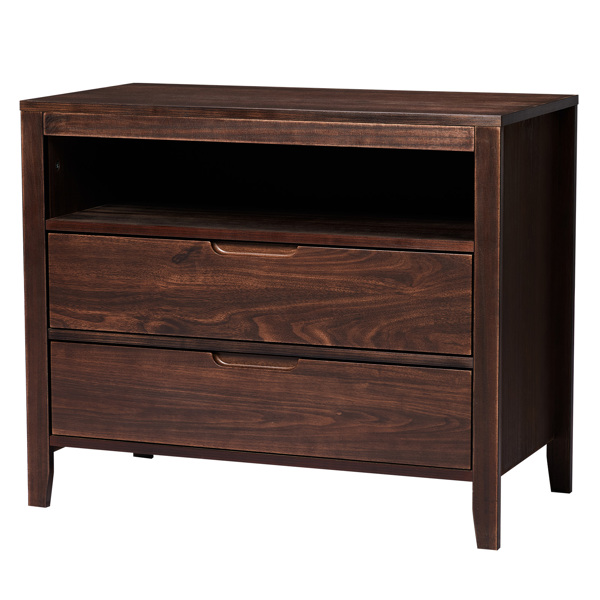 Brown P2 density board + solid wood veneer frame 75*40*61CM two drawers with upper compartment bedside table mid-century modern-2