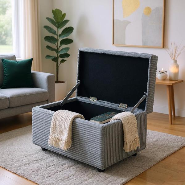Dark Gray Corduroy Upholstered Storage Ottoman with Black Round Rubber Feet – 63×43×43cm, Hidden Storage with Soft Seating-4