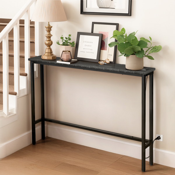 39.4" Narrow Console Sofa Table with Power Outlets and USB Ports, Skinny Couch Table with Metal Frame and Charge Station with 4.9ft Extension Cord, Black-6