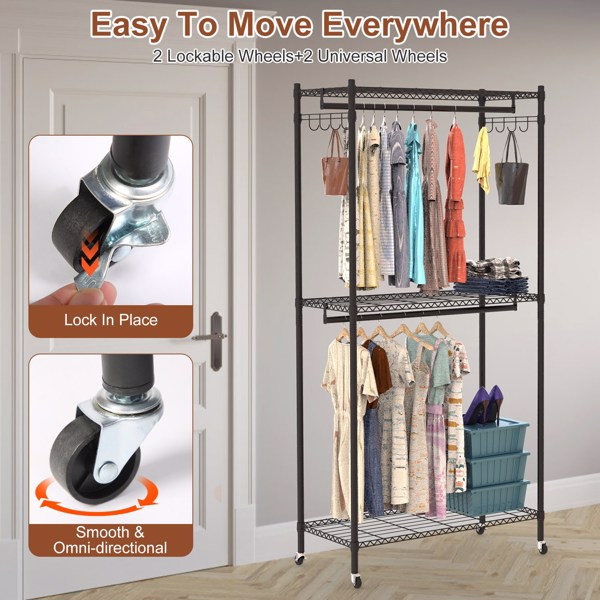 2 Tier Clothing Rack With Cover Portable Wardrobe Closet Covered Garment Rack with 4 Wheels 2 Hanging Rods 2 Hook Racks 35.43x17.13x72.44in-6
