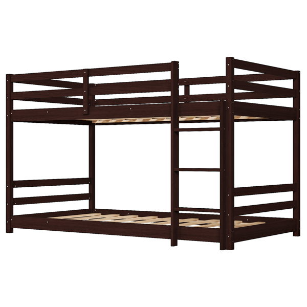 Brown painted pine twin wooden bed with head and tail cross rails, can be split into single bed or bunk bed-3