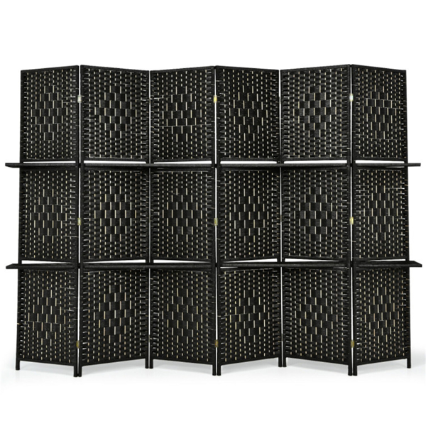 Foldable Room Screen with Storage Shelves - 106.5"x71" Max Size, Hand-Woven Fiber & Poplar Wood Frame, Black-3