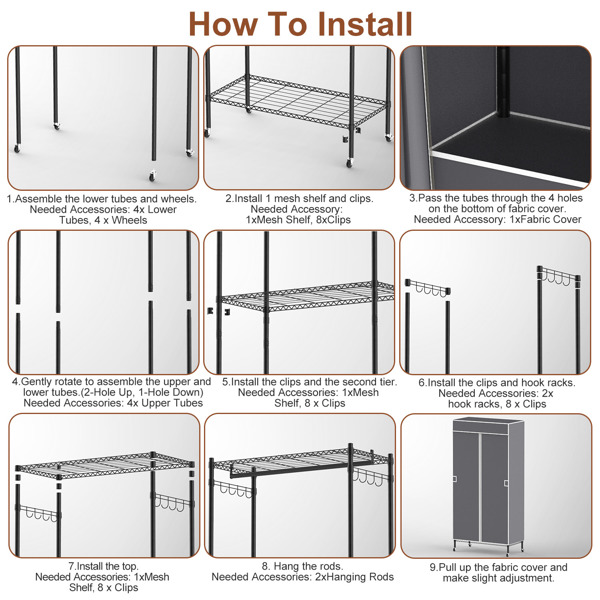 2 Tier Clothing Rack With Cover Portable Wardrobe Closet Covered Garment Rack with 4 Wheels 2 Hanging Rods 2 Hook Racks 35.43x17.13x72.44in-11