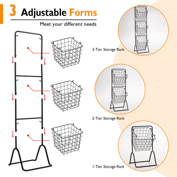 3-Tier Fruit Basket Stand - Removable Wire Bowls, Convertible to 1/2 Tier, Steel Frame with Non-Slip Pads, Black-6