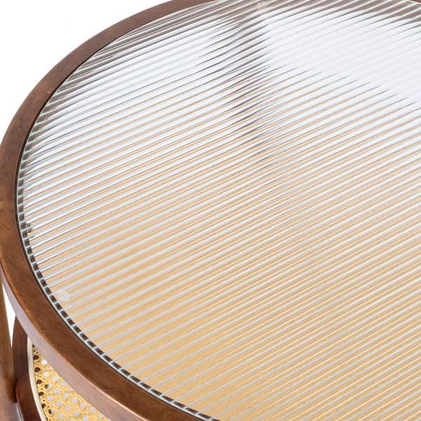 31.5in Rattan Coffee Table with Glass Top, Round End Table, Boho Style Side Table Sofa End Table for Living Room Balcony Patio, Walnut Finish-4