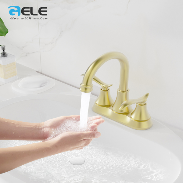 Bathroom Faucet Brushed Gold with Pop-up Drain & Supply Hoses 2-Handle 360 Degree High Arc Swivel Spout Centerset[Unable to ship on weekends,usps/fedex]-5
