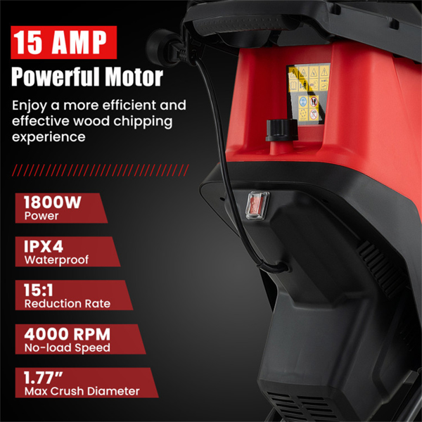 ﻿  15 Amp Electric Wood Chipper - 4000 RPM, 1.77" Max Diameter, 15:1 Reduction Rate with 12-Gallon Collection Bag, Red-5