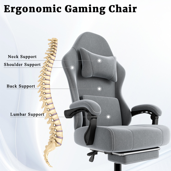 Ergonomic Gaming Chair, Video Game Chair with Massage Lumbar Support and Footrest, Height Adjustable Fabric Computer Chair with Pocket Spring Cushion, Gray-6