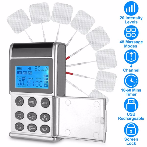 4-Channel Rechargeable TENS Unit with 8 Pads, 48 Modes & 4 Programs for Pain Relief, Muscle Training & Relaxation – Portable & User-Friendly-1