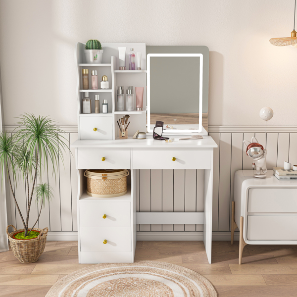 White dressing table, mirror and LED light, 5-drawer dressing table, movable and hidden mirror, 3-color mode touch screen, storage organizer for women's and girls' bedrooms -7