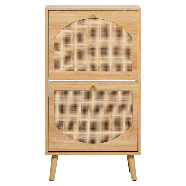 2-Tilt Shoe Cabinet with Arched Rattan Surface, MDF with Triamine, 54*24*98cm, Natural Wood Color-3