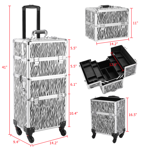 3 in 1 Aluminum Cosmetic Makeup Case Tattoo Box White Zebra Print-2