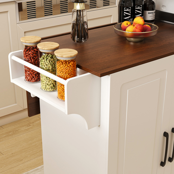 White Kitchen Island Cart with Foldable Tabletop & Drop Leaf - Mobile Breakfast Bar on Wheels with Wood Top and Storage-8
