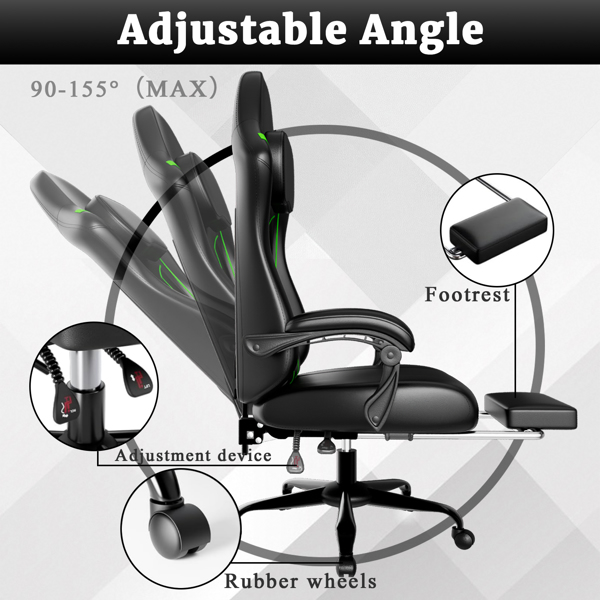 Ergonomic Gaming Chair, Video Game Chair with Pocket Spring Cushion and Footrest, Height Adjustable Computer Chair with Swivel Seat and Headrest (Faux Leather, Green)-5