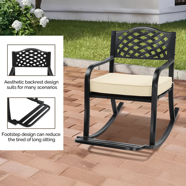 Metal Rocking Chair, Outdoor Rocking Bench with Cushion, Patio Rocker with Footrest, Weatherproof Rocking Chair for Outside, Patio, Garden, Hole Backrest-5
