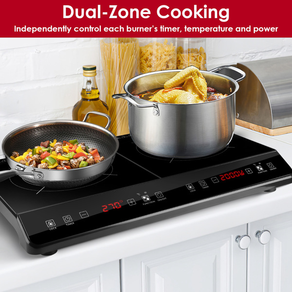 Double Induction Cooktop,  Portable Dual Countertop Burner with Sensor Touch, 4000W  Induction Cooktop 2 Burner, Electric Countertop Cooker with 9 Temp & Power Levels, 3-Hour Timer,Safety Lock-2