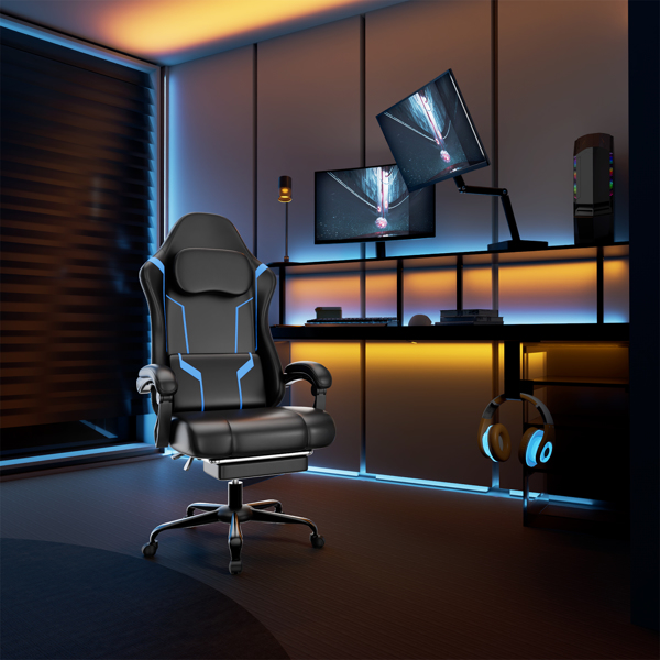 Ergonomic Gaming Chair, Video Game Chair with Pocket Spring Cushion and Footrest, Height Adjustable Computer Chair with Swivel Seat and Headrest (Faux Leather, Blue)-7